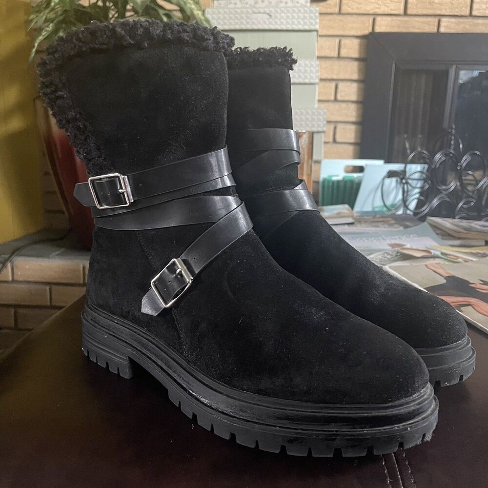 Women's Laurie Felt Black Faux Fur Lined Buckle Winter Boots Size 11 M
